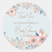 Sticker Rond Bleu rose Floral Boho Chic Baby shower Merci (Devant)