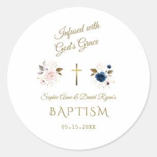 Sticker Rond Bleu rose Floral Or Calligraphie Jumeaux Baptême