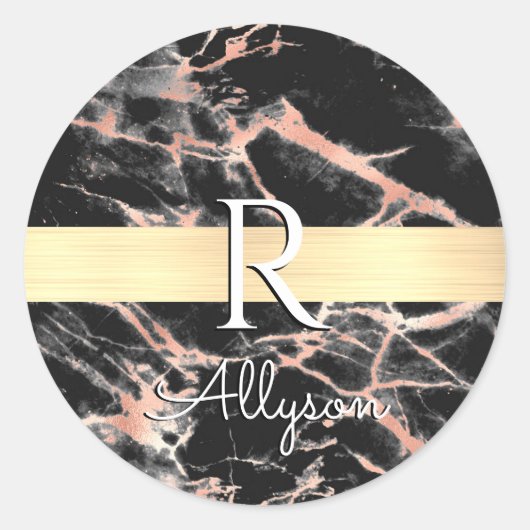 Sticker Rond Bleu & Rose Gold Marble Barre Or, What Nom Monogra (Devant)