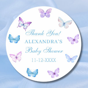 Sticker Rond Bleu rose violet Baby shower papillon Merci