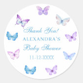 Sticker Rond Bleu rose violet Baby shower papillon Merci (Devant)