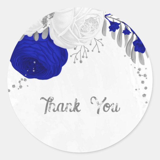 Sticker Rond bleu royal et fleurs blanches argent (Devant)