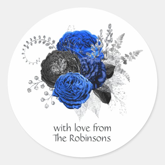 Sticker Rond Bleu Royal, Noir et Fleurs Florales Argentées (Devant)