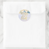 Sticker Rond Bleu Ruban Merry et Bright Script Salutation (Sac)