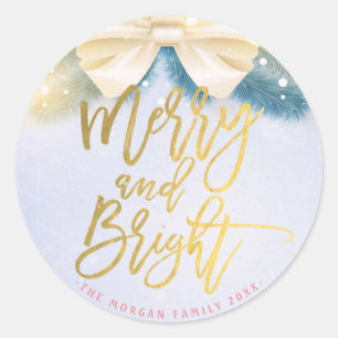 Sticker Rond Bleu Ruban Merry et Bright Script Salutation
