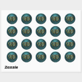 Sticker Rond Bleu sarcelle Or Deux Cœurs Monogramme Or (Feuille)