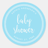 Sticker Rond Bleu Script et blanc Baby shower (Devant)