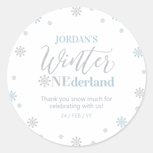 Sticker Rond Bleu Silver hiver onderland Merci neige beaucoup (Devant)