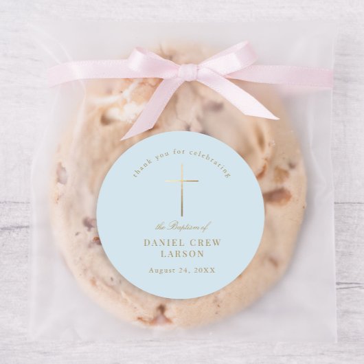 Sticker Rond Bleu Simple Elegant Croix Or Baptême Christening