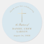 Sticker Rond Bleu Simple Elegant Croix Or Baptême Christening (Devant)