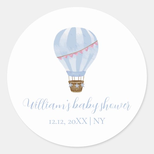 Sticker Rond Bleu Simple Hot Air Balloon Baby shower garçon (Devant)