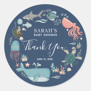 Sticker Rond Bleu sous la mer Baby shower Merci classique R