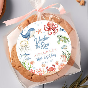 Sticker Rond Bleu sous la mer Océan Animaux Anniversaire
