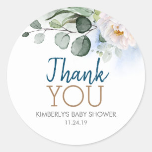 Sticker Rond Bleu tons vert et Baby shower aux fleurs blanches