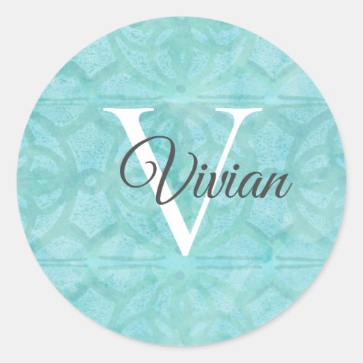 Sticker Rond Bleu Turquoise Avec Nom Monogramme Blanc (Devant)