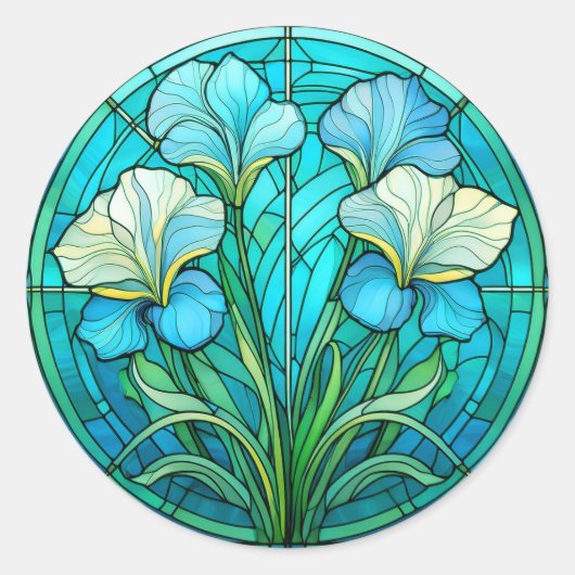 Sticker Rond Bleu Turquoise Floral Art Nouveau Vitrail (Devant)