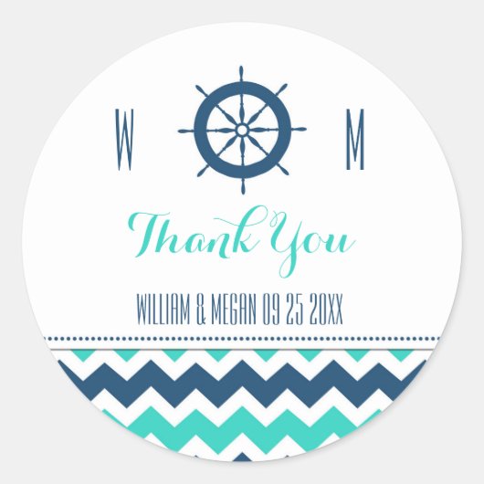 Sticker Rond Bleu Turquoise Nautique Merci Mariage Faveur Tags (Devant)