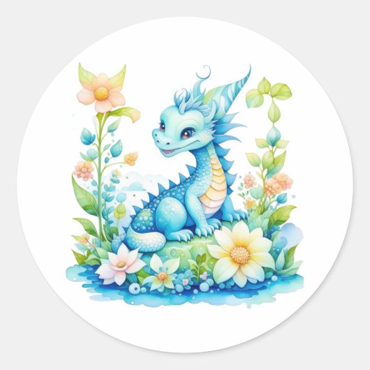 Sticker Rond Bleu Turquoise Vert Imaginaire Dragon (Devant)