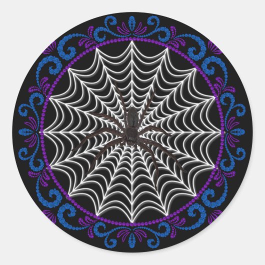 Sticker Rond Bleu violet araignée blanche Web et araignée noire (Devant)