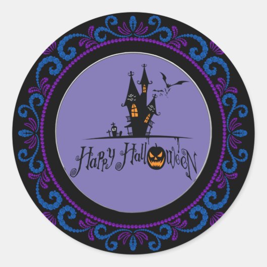 Sticker Rond Bleu violet Joyeux Halloween Maison hantée (Devant)
