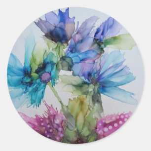 Sticker Rond Bleu violet rose vert rose Art Floral