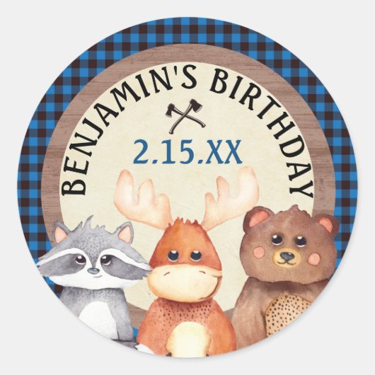 Sticker Rond Bleu Woodland Lumberjack Anniversaire Favoriser St (Devant)