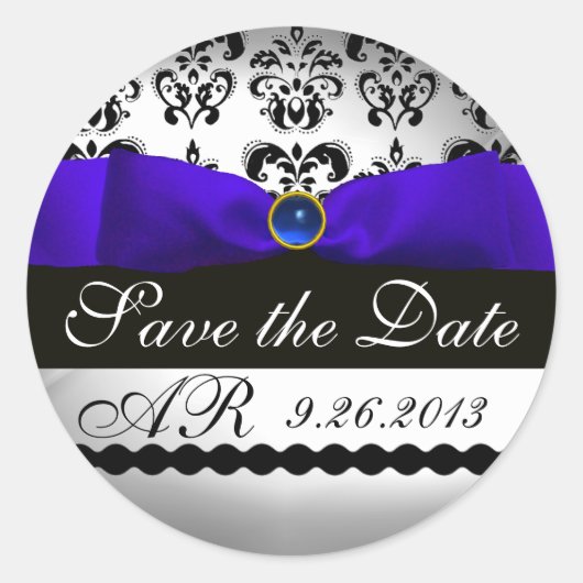 Sticker Rond BLEUE ET BLANC DAMASK RIBBON MONOGRAM Sapphire (Devant)