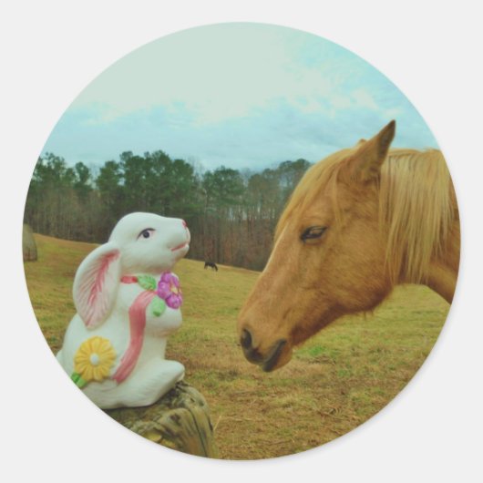 Sticker Rond Blond Jaune cheval & Bunny de Pâques (Devant)