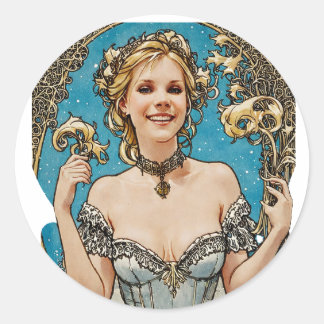 Sticker Rond Blonde à courte distance V1 Mucha Style Art