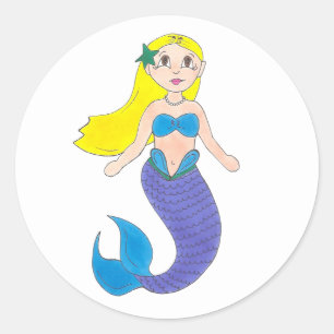 Sticker Rond Blonde nage Sirène fille pourpre Queue Océan Mer