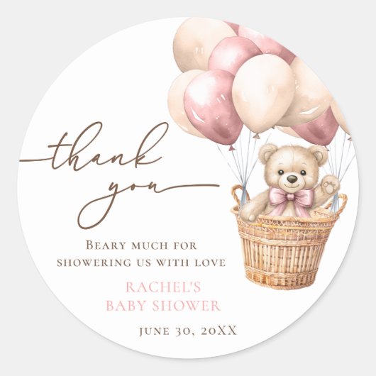 Sticker Rond Blonde Ours Teddy Bearly Wait Baby shower rose (Devant)