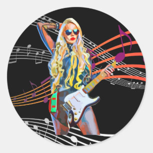 Sticker Rond blonde Rocker Abstraite Woman guitare Musique Art