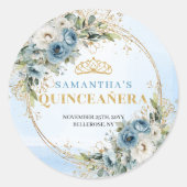 Sticker Rond Blooming Dusty Blue Gold Greenery 15th Birthday   (Devant)