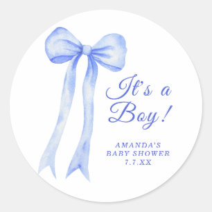Sticker Rond Blue a Bow C'est un Baby shower garçon