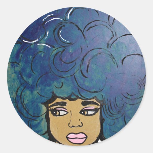 Sticker Rond Blue Afro Ebony Girl Gros Cheveux (Devant)