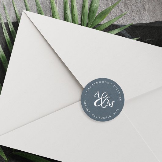 Sticker Rond Blue Ampersand Monogram Mariage Adresse de retour