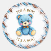 Sticker Rond Blue and Brown Crocheted Teddy Bear It's a Boy (Devant)
