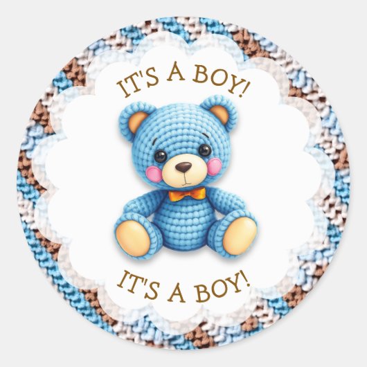 Sticker Rond Blue and Brown Crocheted Teddy Bear It's a Boy (Devant)