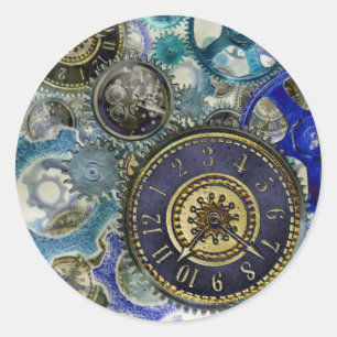 Sticker Rond Blue aqua steampunk gears, cogs, clock faces
