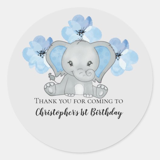 Sticker Rond Blue Baby Boy Elephant Fleurs Ballons Anniversaire (Devant)