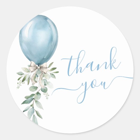 Sticker Rond Blue Balloon Bow Greenery Baby Shower Thank You (Devant)