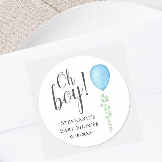 Sticker Rond Blue Balloon Eucalyptus Baby Shower 