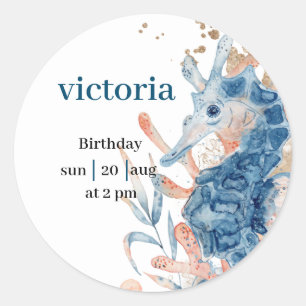 Sticker Rond Blue Beach hippocampe coquillage bébéShower