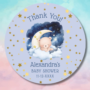 Sticker Rond Blue Bear Gold Stars Lune Baby shower Merci