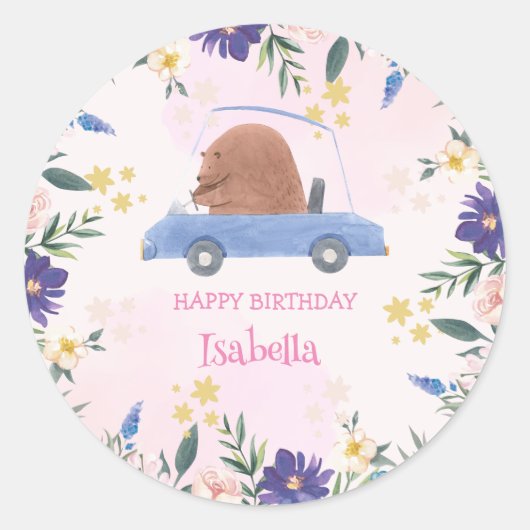 Sticker Rond Blue Bear Race car Fleur tropicale Fête d'annivers (Devant)