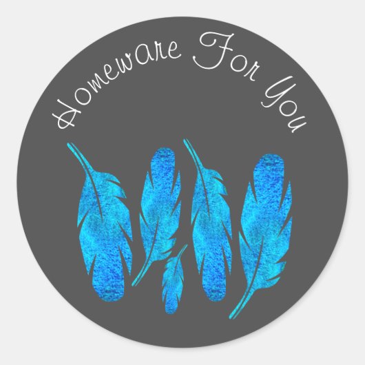Sticker Rond Blue boho feathers blue and gray (Devant)