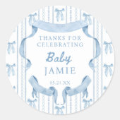 Sticker Rond Blue Bow Coquette Blue Boy baby shower Merci (Devant)