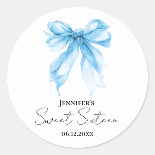 Sticker Rond Blue Bow Coquette Script Sweet 16 Party  (Devant)