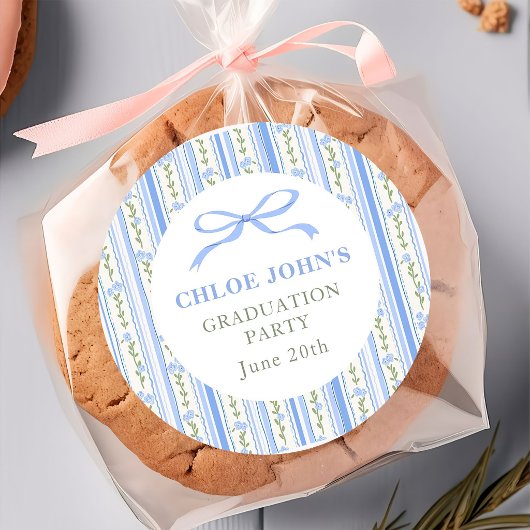 Sticker Rond Blue Bow Floral Graduation