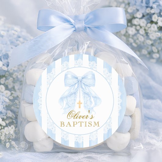 Sticker Rond Blue Bow Lace Boy Baptism